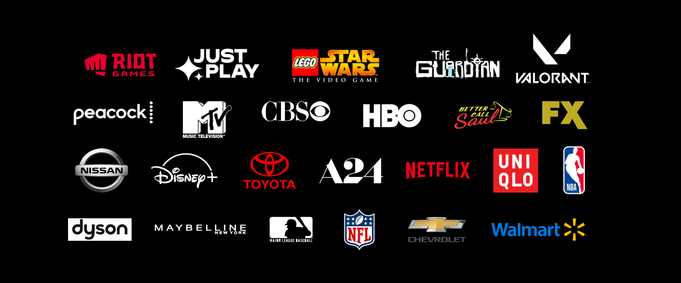 Brands the co-op works with: Riot Games, Just Play, LEGO Star Wars The Video Game, The Guardian, Valorant, Peacock, MTV, CBS, HBO, Better Call Saul, FX, Nissan, Disney+, Toyota, A24, Netflix, Uniqlo, NBA, Dyson, Maybelline, MLB, NFL, Chevrolet, Walmart.